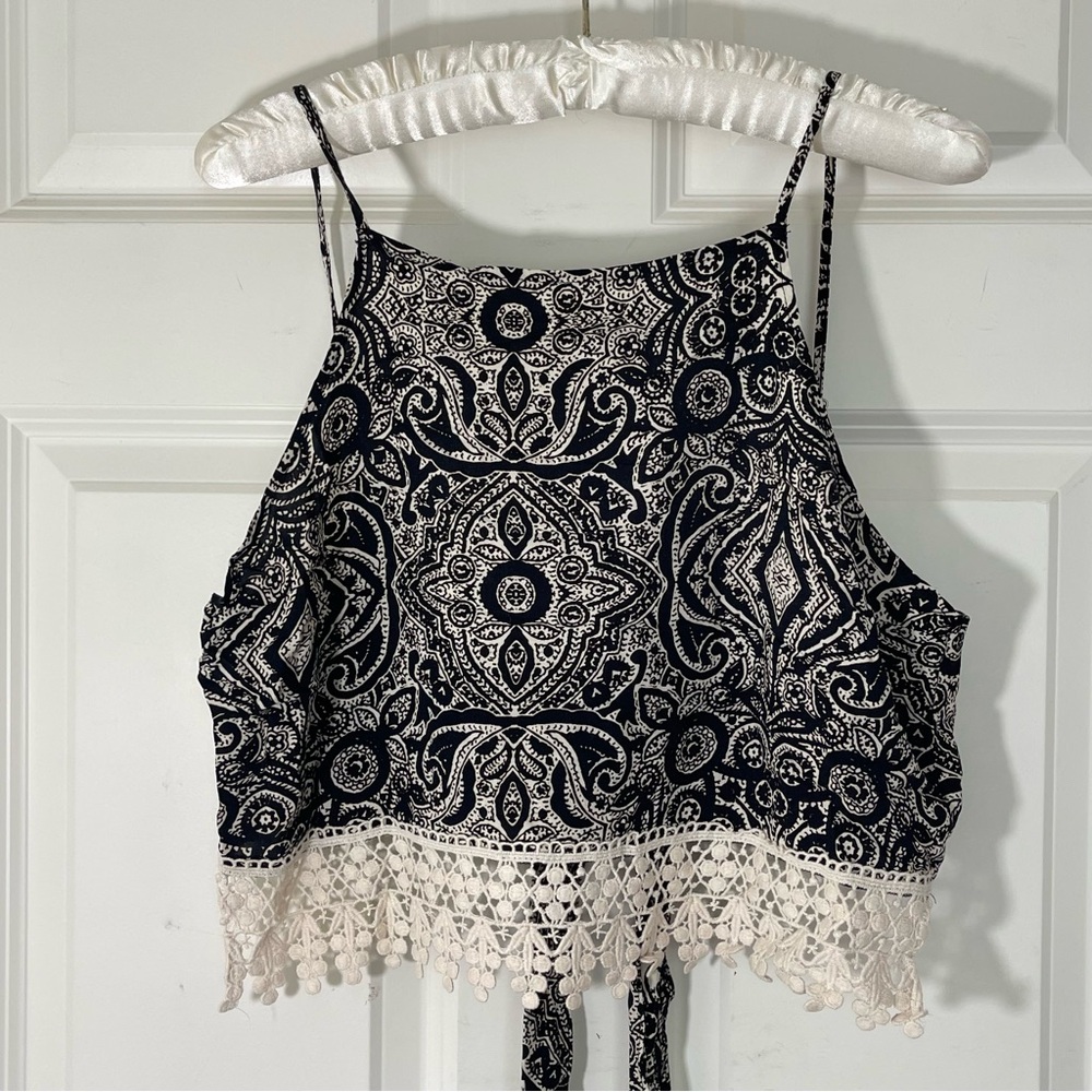Abercrombie & Fitch Black and White Paisley Crochet-Trim Crop Cami
